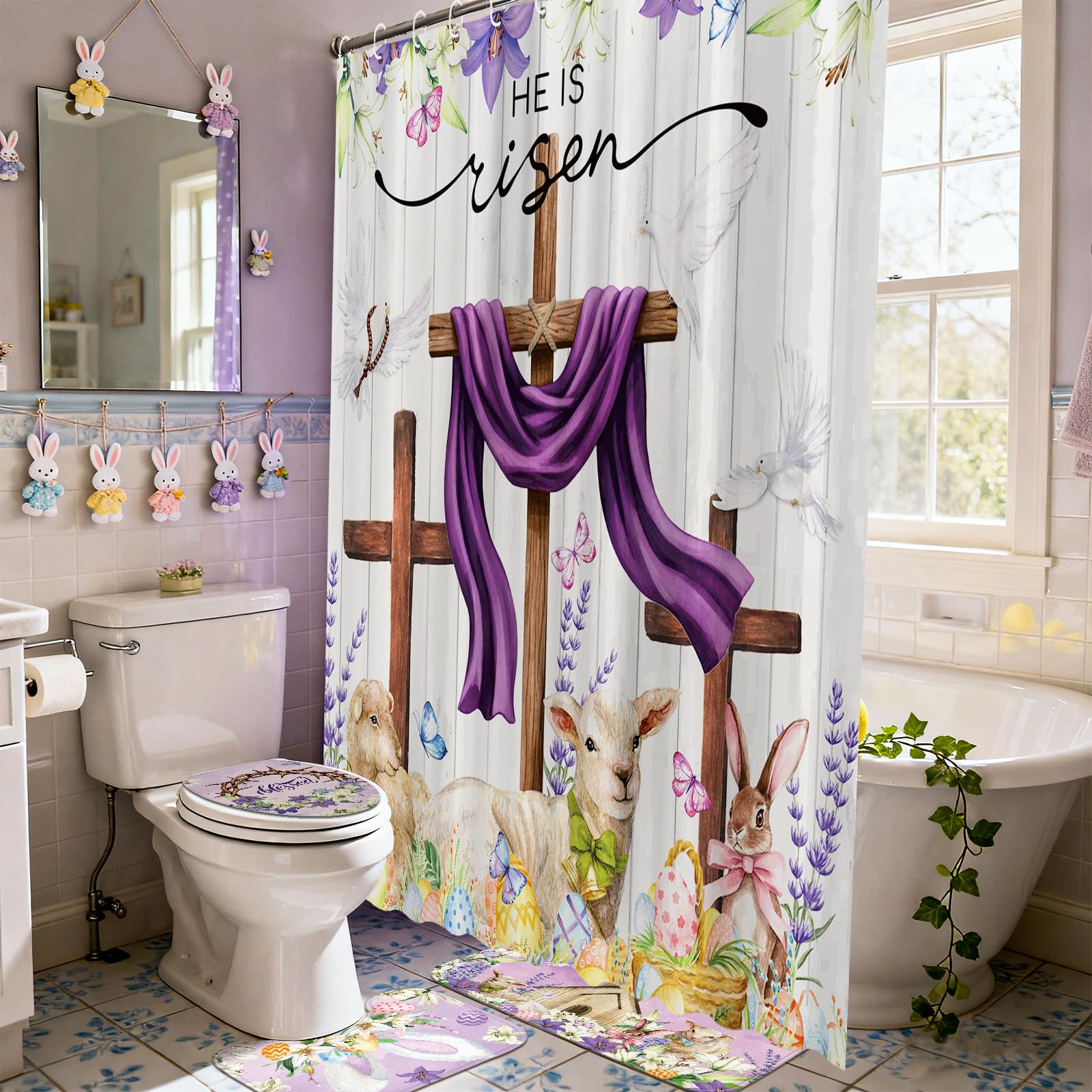 4/8Pcs Easter Bunny Bathroom Decor Set including 70x70in Waterproof Bunny Flower Shower Curtain with Hooks & Non Slip Bath Mat & U shaped Rug & Toilet Lid Cover for Spring Bathroom Makeover Home Supplies