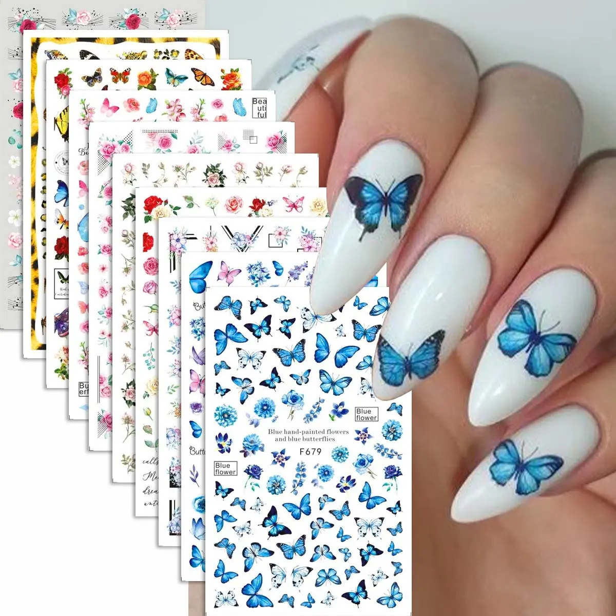 10 Sheets Colorful Butterfly Nail Stickers, 3D Flower Rose Butterfly Design for Elegant Nail Art, Nail Art Designs, DIY Nail Art Flower Nails Perfect for Women and Girls, Nail Decoration Supplies