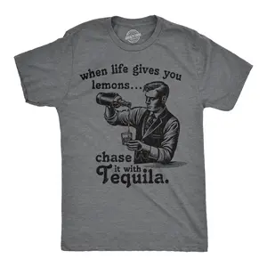 Mens Funny T Shirts When Life Gives You Lemons Chase It With Tequila Sarcastic Drinking Graphic Novelty Tee for Men Mens Funny T Shirts Cool Vintage Fashion T-Shirt Gift Classic Menswear Liquor Apparel for Men Dark Grey