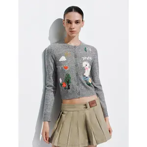 URBAN REVIVO 2026 Women's Wool Knitwear Cardigan - Long-Sleeve, Mid-Length, Plaid, Embellished Front, Polyester-Wool Knitting Fabric, Casual Women's Clothes Top