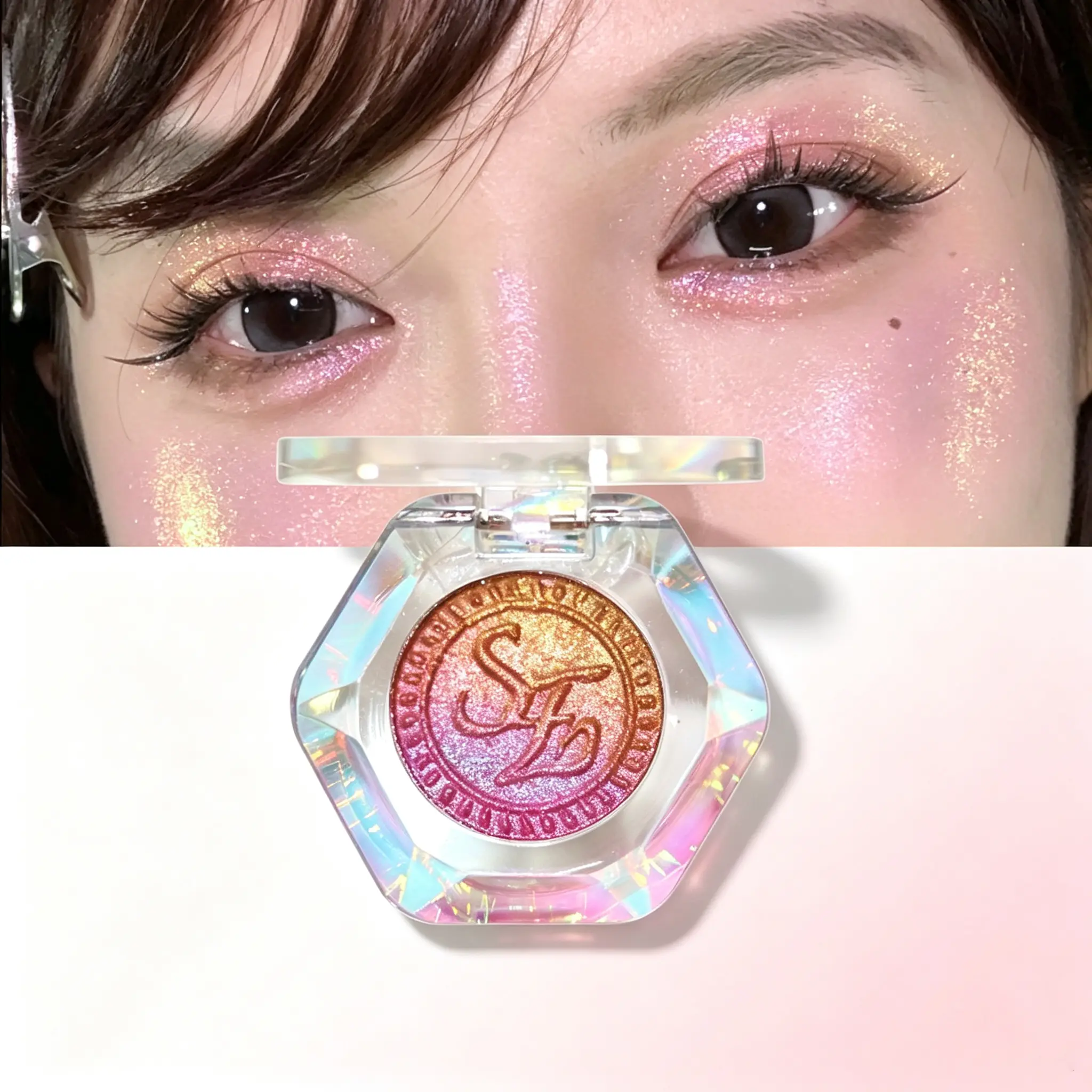 SE SHEENEFFECT Luxury Multichrome Highlighter Powder, 2-in-1 Rainbow Prismatic Blush Makeup with a Radiant Gradient Finish, Illuminator, Prismatic Glow Highlighter, Brightening, Cosmetic, Face Body Highlighter