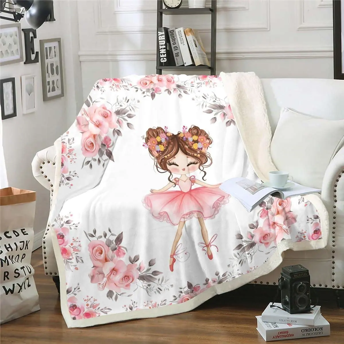 Ballet Blanket for Girls Kids Ballerina Design Throw Blanket Cute Little Dancers Fuzzy Blanket Rose Flower Print Fleece Blanket Girly Love Gymnastics Modern Trendy Pink White Sherpa Blanket