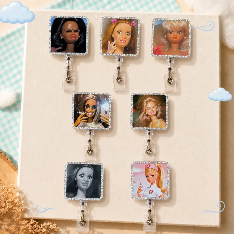 Barb Meme Badge Reels - Funny Face Doll Badge Reel, Sassy Meme Doll ID Badge Holder for Nurses, Sarcastic Grumpy Shift Medical Gift Clip