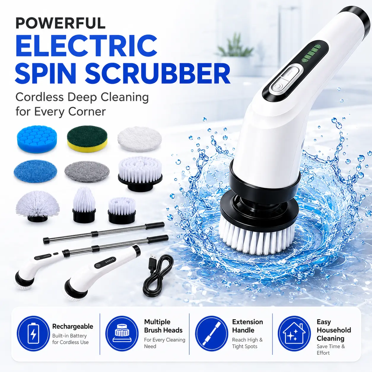 Multifunction Cordless Power Scrubber - 9-in-1 Electric Spin Scrubbing Brush, IPX7 Waterproof Handheld Dual Speed Cleaning Tool with 4 Heads for Bathroom, Kitchen, Car Wash