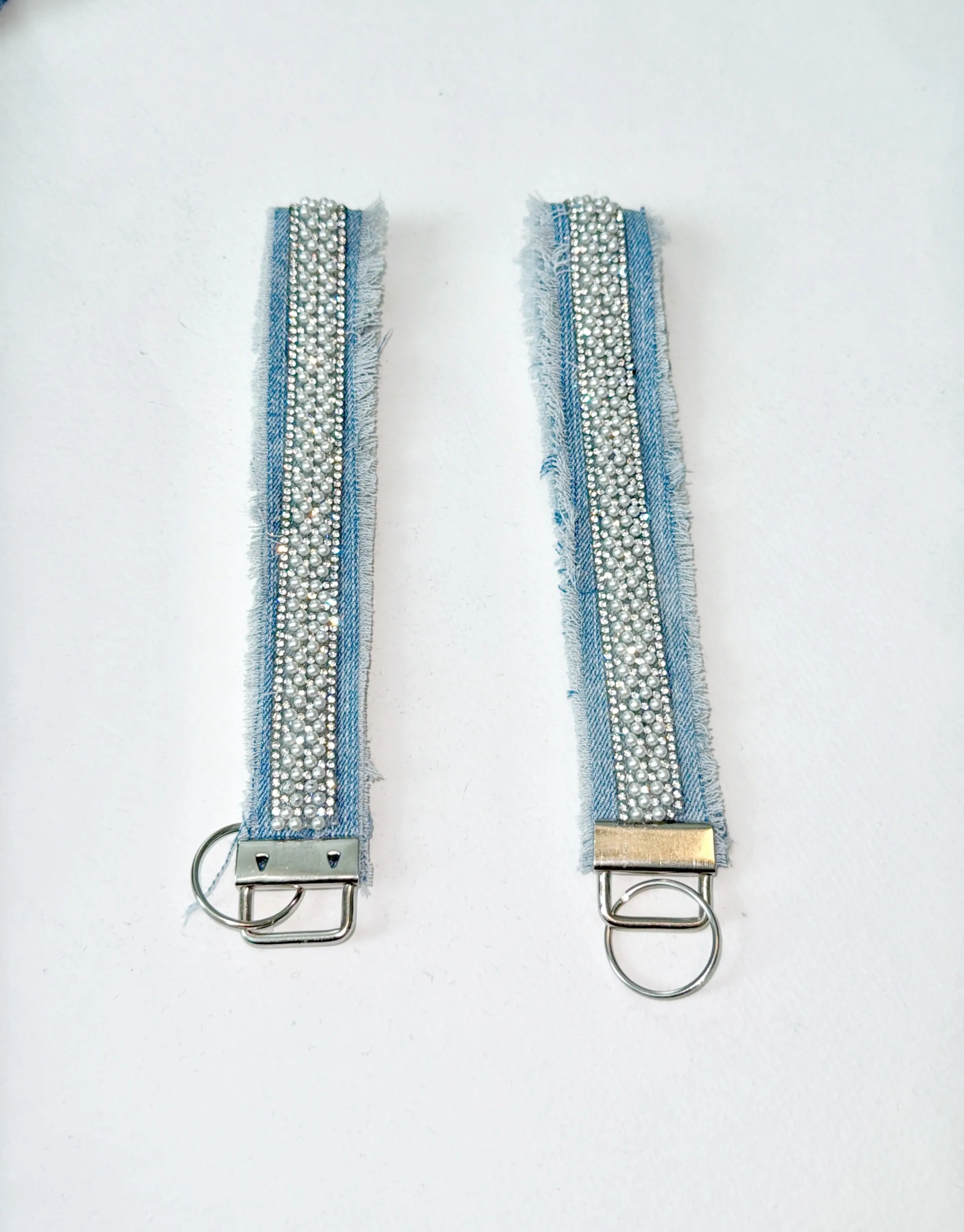 Wristlet Keychain - Clear rhinestone, Pearl and light denim