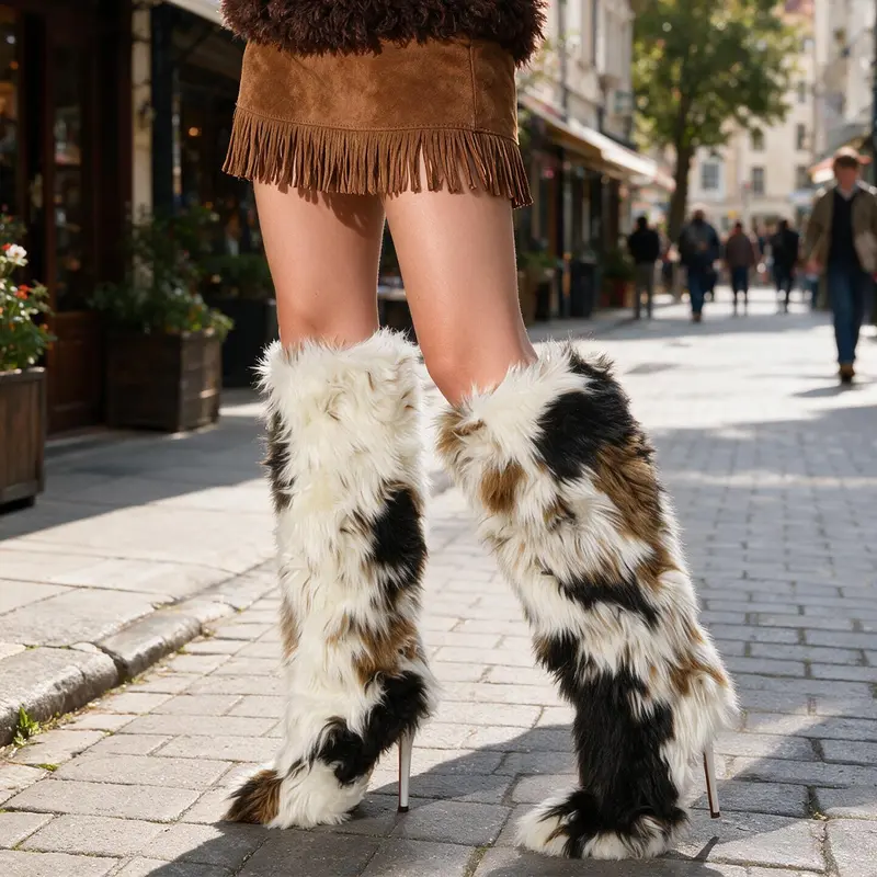 Pasuvo Women's Color Block Faux Fur Thigh-High Boots - Pointed Toe, Stiletto Heel for Height, Formal Cowboy Footwear, Shoes for Women, Warm Fabric, Winter Fashion, Party Use