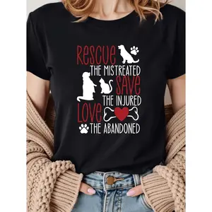 Women's Pet Rescue & Adoption Slogan T-Shirt - Cat & Dog Paw Print Short Sleeve Round Neck Casual Top, Pink Animal Shelter Shirt, Machine Washable Pet Lover Apparel for Dog Cat Owners