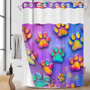 1pc hookless shower curtain with buckle lining, purple background with rainbow claw print design, 2D flat printing, waterproof fabric lining, see-through double-layer shower curtain, 71 x 74 inches, modern home draping curtain.