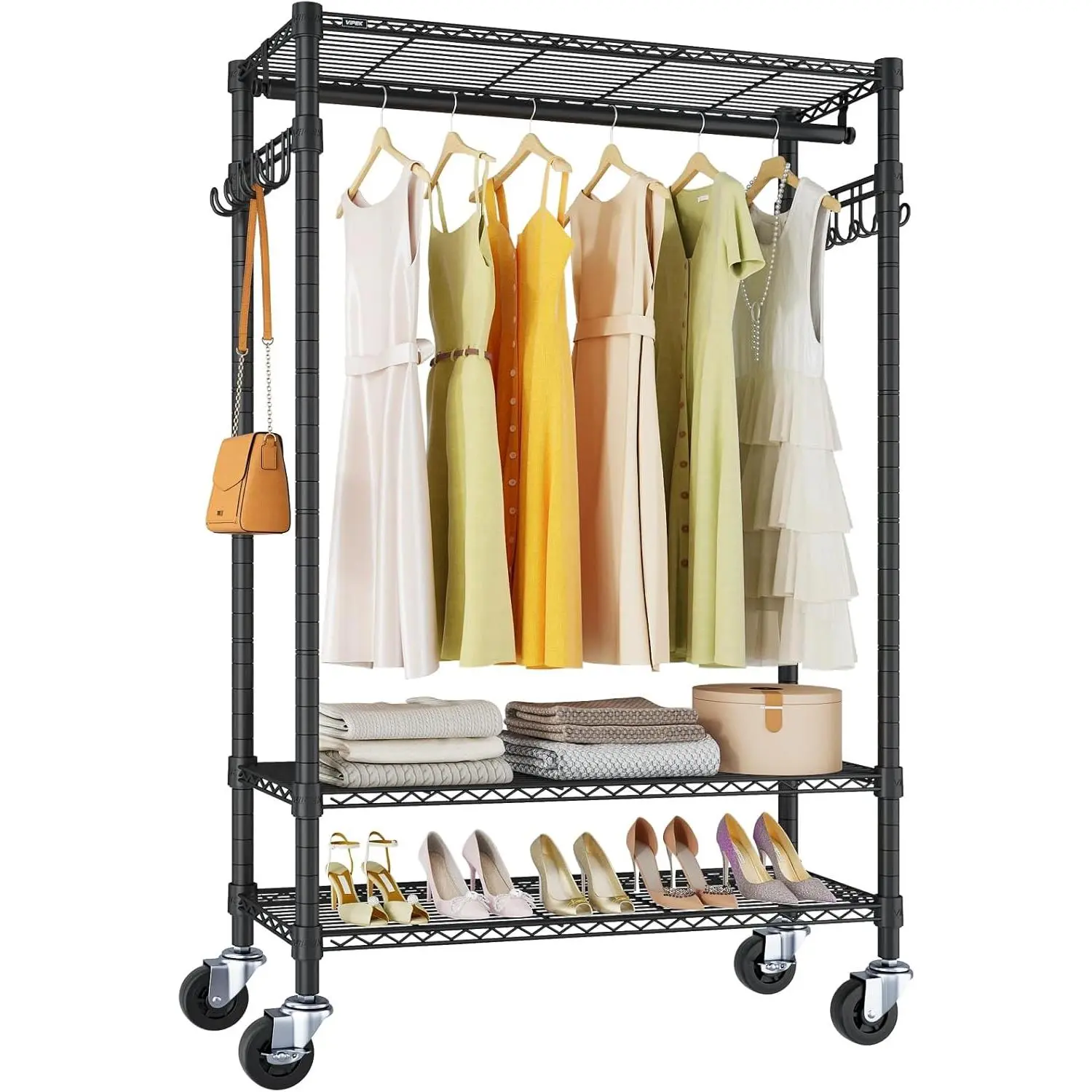 R3 Heavy Duty Garment Rack with Lockable Wheels, Portable Rolling Closet with Adjustable Shelves &  Rod & Side Hooks, Compact Space-Saving Storage for Small Apartments/Dorms (Black)