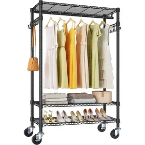 R3 Heavy Duty Garment Rack with Lockable Wheels, Portable Rolling Closet with Adjustable Shelves &  Rod & Side Hooks, Compact Space-Saving Storage for Small Apartments/Dorms (Black)