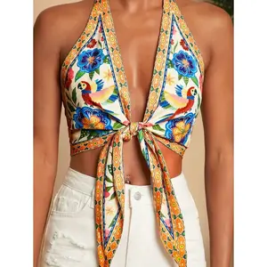 Women Floral Print Halter Neck Backless Casual Top, Suitable For Vacation,Summer Outfits For Women,Beachwear,Spring And Summer,Easter,Beach Outfits For Woman,Spring Break,Vacation Outfits Women,Concert Outfit Women,BOHO,Bohemia,Music Festival,