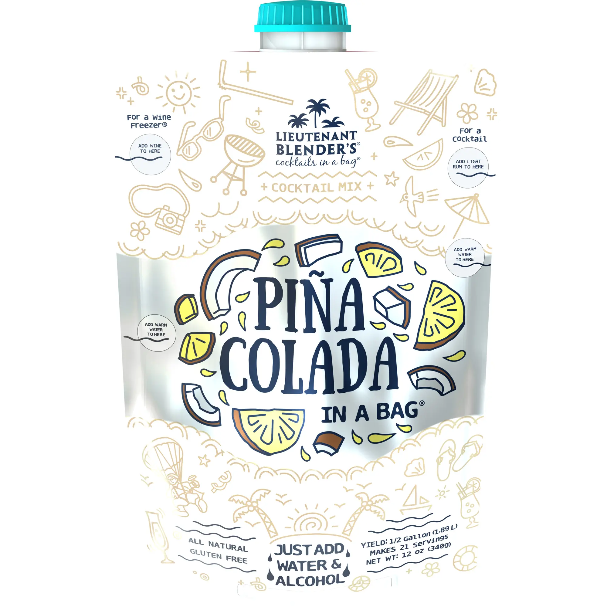 Lt. Blender's Pina Colada in a Bag – Pina Colada Cocktail or Mocktail Drink Mix - Each Bag Makes 1/2 Gallon of Slushie Pina Coladas or 16 4oz Servings - Easily Make a Cocktail, Wine Slushie or Mocktail - (Pack of 1)