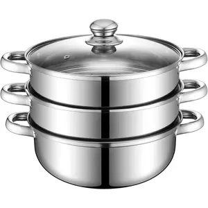 Steamer Pot for Cooking 11 inch Steamer Pot, 3-tier Multipurpose 18/8 Stainless Steel Steam Pot Cookware with Lid for Vegetable, Dumpling, Stock, Sauce,