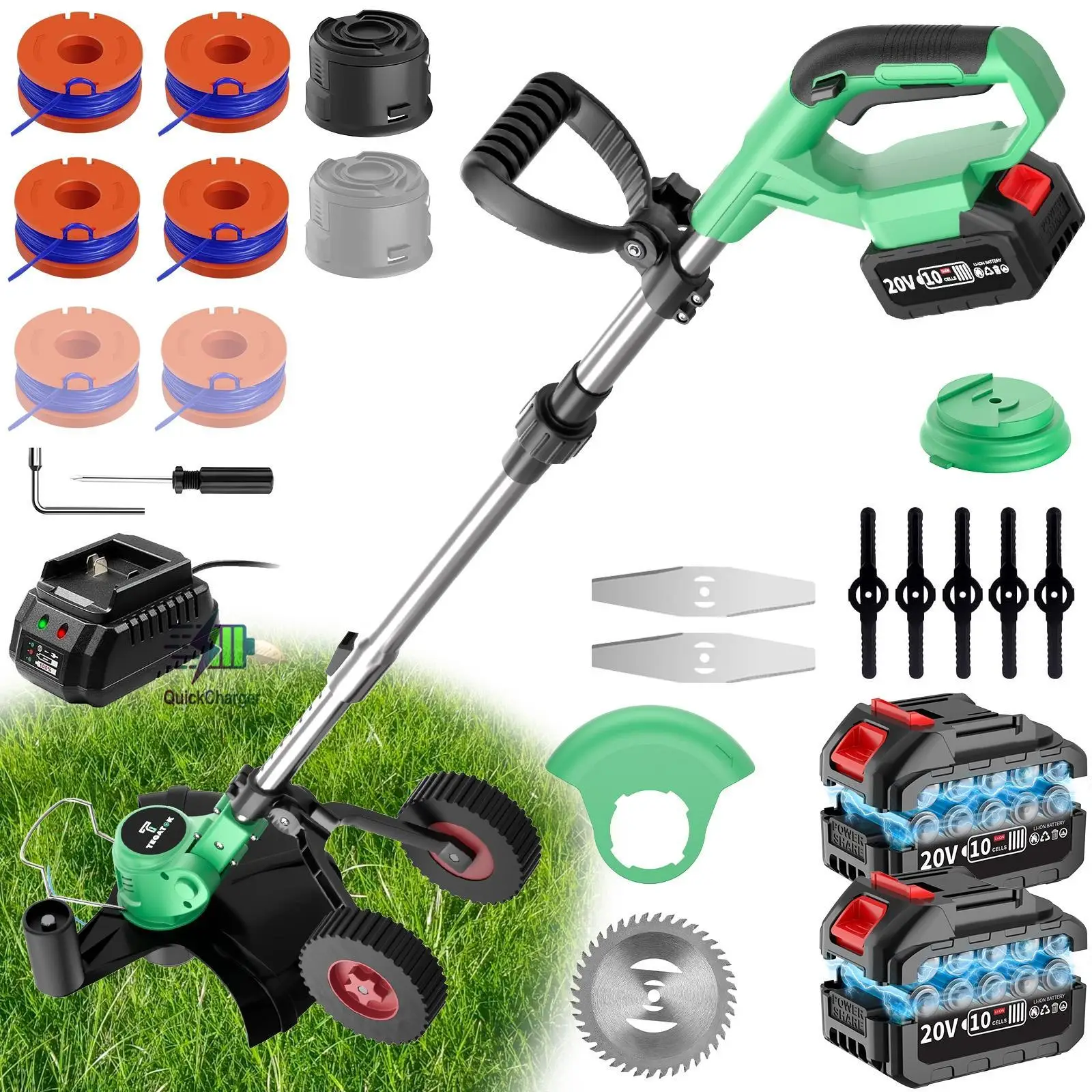 Muylux UPGRADED 20V Grass Cutter Battery Powered 4-in-1 Cordless Lawn Edger & String Trimmer with 2 x 4.0AH Li-ion Batteries Retractable Foldable Port