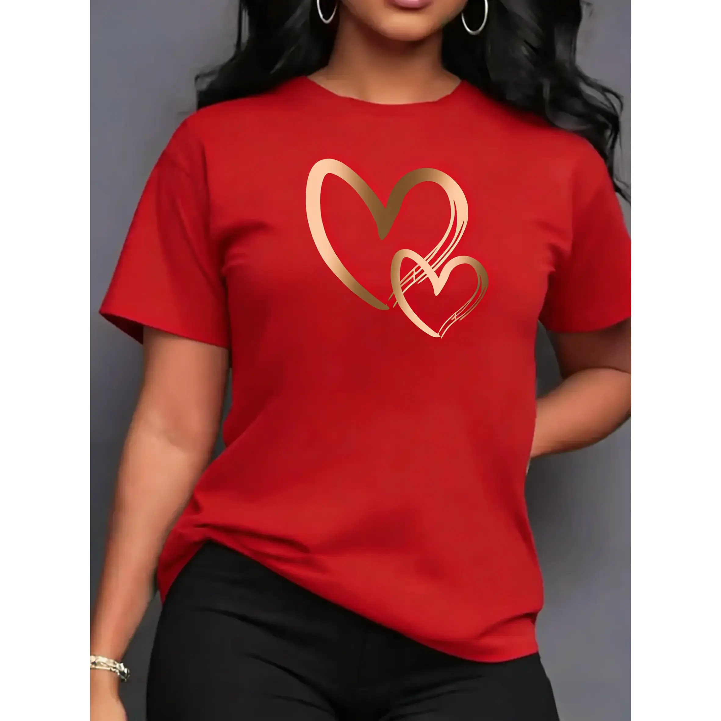 100% Cotton Women's Casual Comfortable Versatile T-Shirt, Multiple Colors Available, Heart Pattern T-Shirt Print Women's Short Sleeve T-Shirt Sports Print Women's T-Shirt Pattern T-Shirt Women's Top