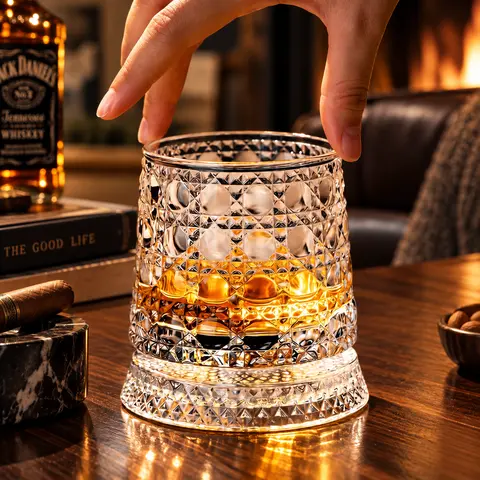 360° Rotating Crystal Whiskey Glass, Star-Cut Glass for Whiskey, Wine & Cocktails, Elegant Drinkware for Home Bar, Kitchen & Gifts