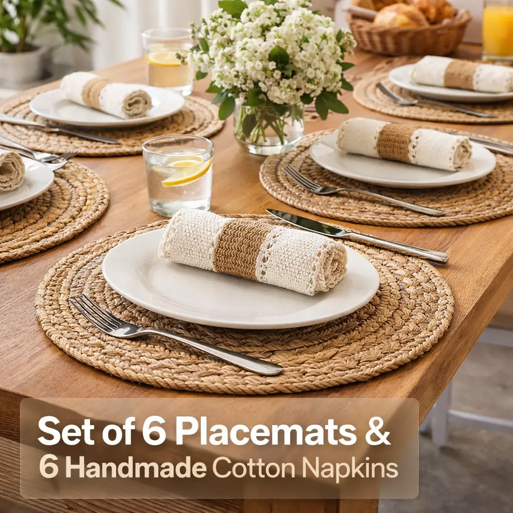 12 Pcs Handmade Boho Cloth Placemats - 6 Cotton Linen-Straw Woven Stripes Tableware, 6 Fringe Tassel Mats, 11.8" Diameter Round & Square, Natural Fibers Unique Weave for Farmhouse Wedding Decor, Birthday