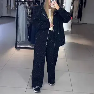 Women's Rhinestone Embellished Drawstring Cuffed Two-Piece Set