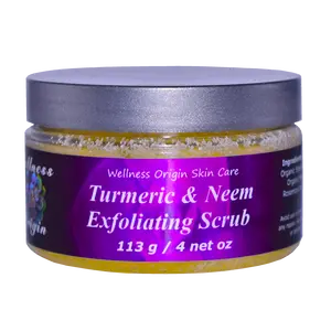 Wellness Origin Organic Turmeric & Neem Exfoliating Scrub 4 oz Body Care Coconut Acne Skin Care Cosmetic Skin Repair Gentle Jojoba Cleansing