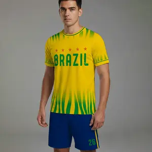 Brazil Style Soccer Jersey Set Men's Yellow & Blue Football Kit, 5-Star Graphic Training Uniform with Shorts Size S-XXL