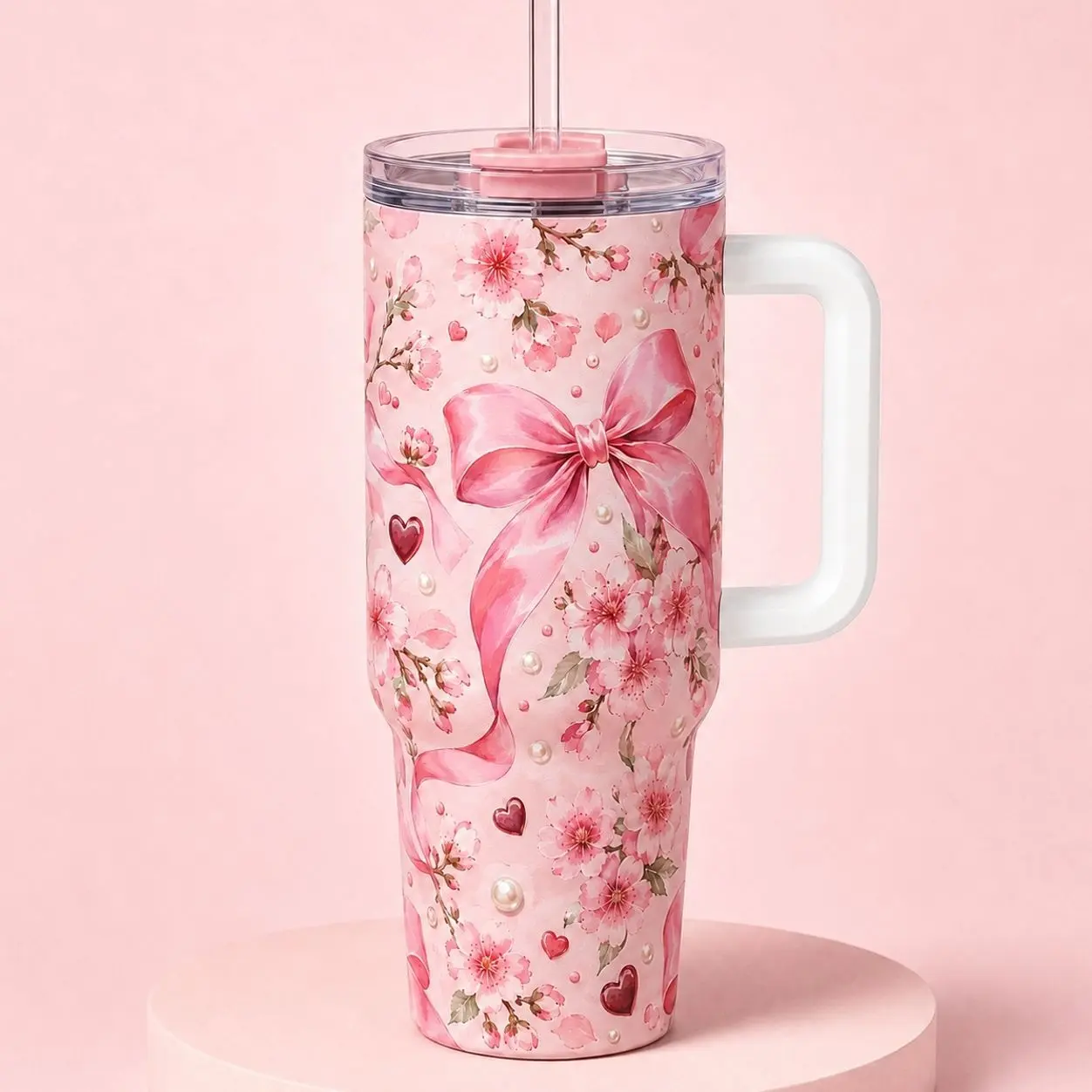 20 - 40oz Insulated Stainless Steel Tumbler with Handle and Straw, Floral Pink Bow Travel Mug, Leak-Resistant Cup Holder Friendly Water Bottle