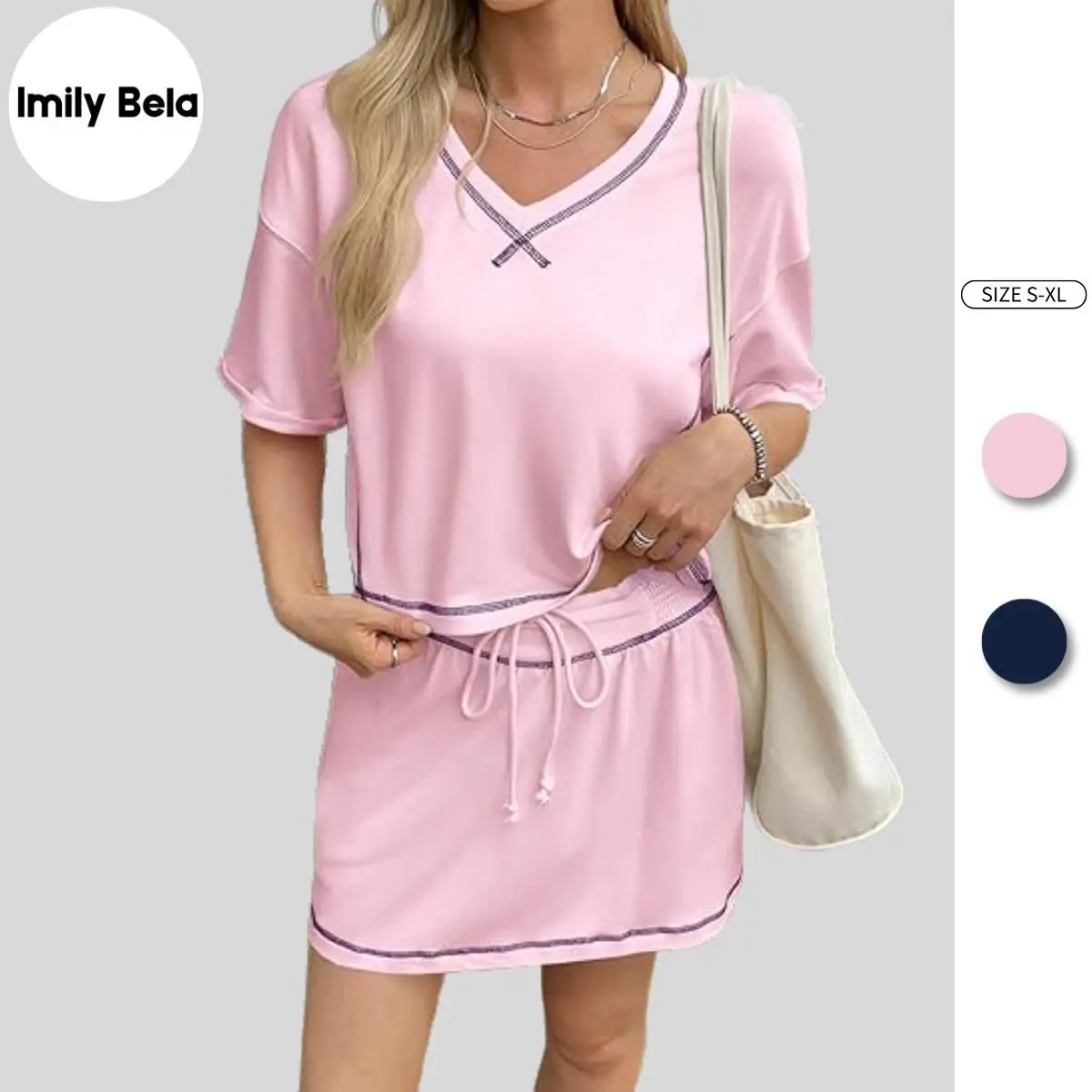 Imily Bela Womens 2 Piece Skirt Set Summer Short Sleeve Tops Tennis Skirts Casual Sweatsuits Vacation Outfits Lounge Sets