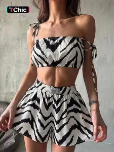 Zebra Print Tank Top Set, Summer Casual Slim Fit, Breathable Knitwear, High-Slit Shorts, Beach & Outdoor Essentials, Multi-Scene Wear