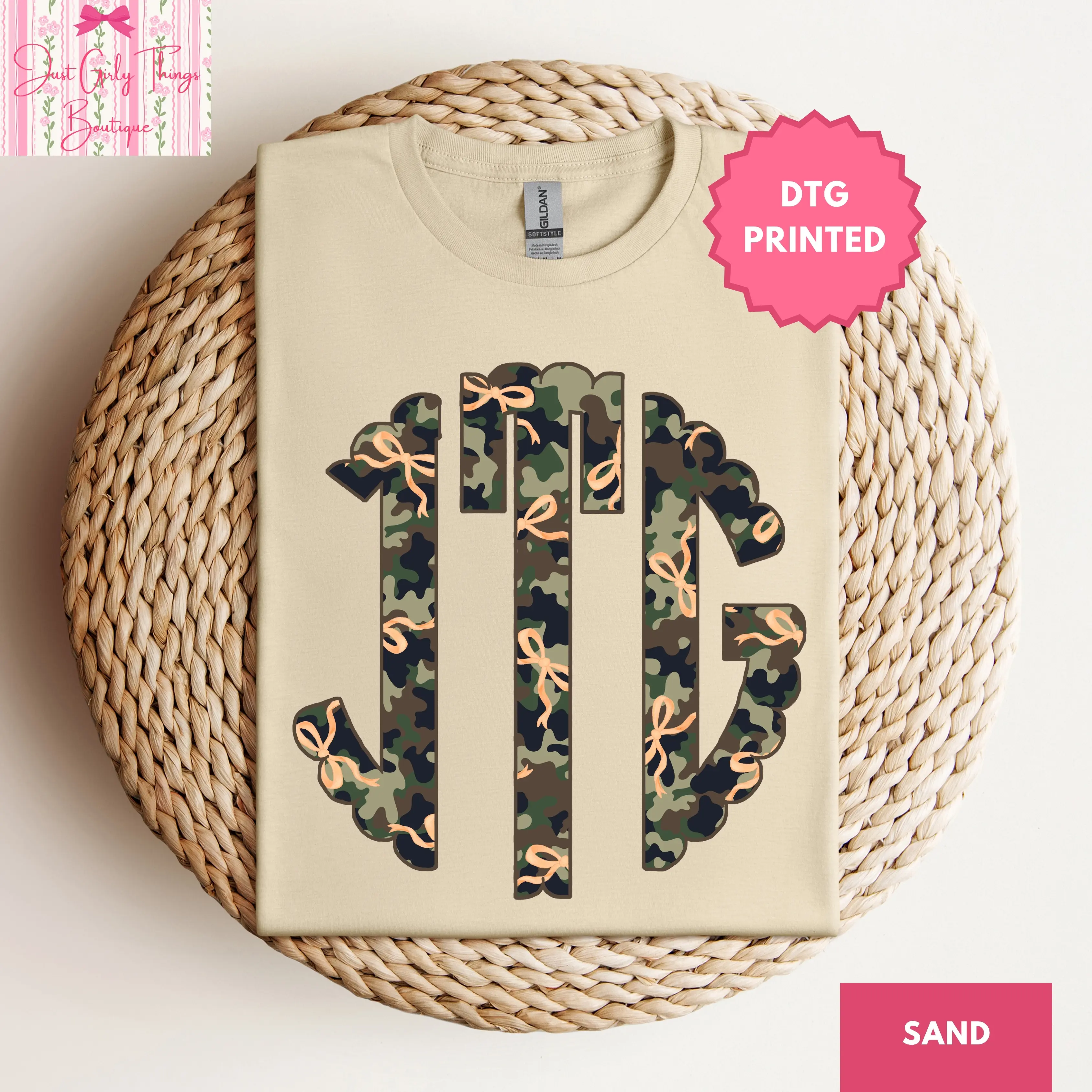 Custom Coquette Camo Monogram Shirt - Gildan 64000 Softstyle Tee - (Leave First Name Initial, Last Name Initial, Middle Name Initial in Notes at Checkout), Custom Name Shirt, Personalized Name Shirt, Custom Monogram Shirt, Camouflage Monogrammed Shirt