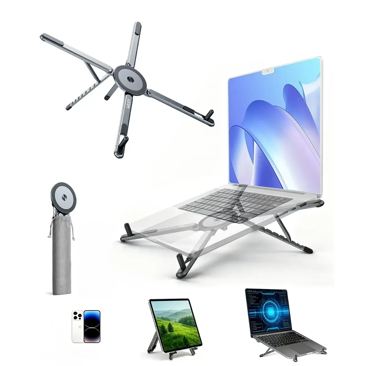 Laptop Stand for Desk, Foldable Adjustable Aluminum Alloy Computer Riser with Phone Holder, Aluminum Laptop Stand,8-Level Height Adjustable Portable Laptop Holder for MacBook, Tablet & Smartphone