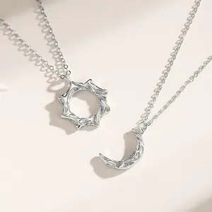 Silver Sun and Moon Couple Necklace Texture Design Women's Daily Wear Gift