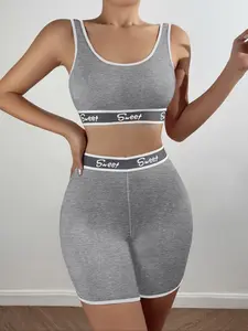 Two-Piece Set Women's Letter Tape Contrast Binding Pyjamas Set, Comfy Sleeveless Crop Tank Top & Shorts Pj Set, Ladies Sleepwear & Loungewear for All Seasons, Pajama Set