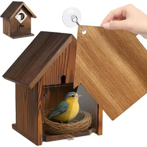 Window Bird Houses for Outside with Stainless Steel Guard, Birdhouse Cover Panel and Adhesive Hooks, Clear for Viewing Inside, Hanging Wooden Birdhouses for Outdoors, for Bluebird Finch Chickadee Transparent Suction Cup Bird House