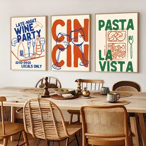 Art Deco & Retro Style 3pcs Art Print Set - Vintage Beverage Party & Italian Cuisine Canvas Posters, Fashion Cheers & Food Themed Wall Art, Minimalist Solid Pattern Prints for Kitchen, Living Room, Bedroom, Restaurant & Dining Room Decor
