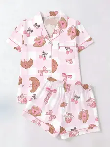 Spring Summer Women's Cardigan Lapel Short Sleeve Shorts Set, Western Style Printed Casual Home Wear, Loose Fit Comfortable Sleepwear Loungewear Pjs Pajama Set, Nightwear Loungewear Set