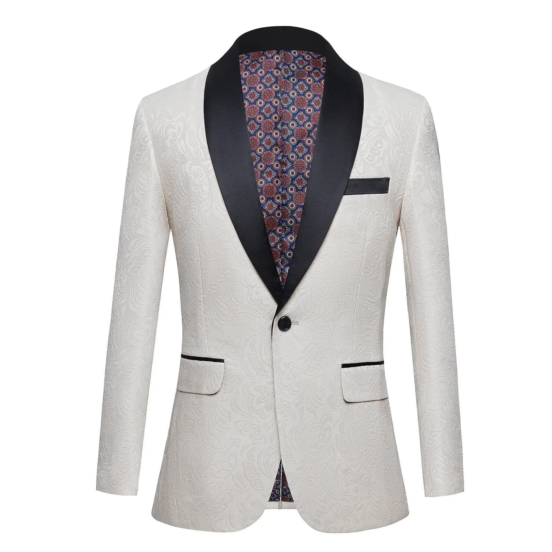 Mens Floral Tuxedo One Button Luxury Shiny Blazer Dinner Party Prom Wedding Suit Jacke-White