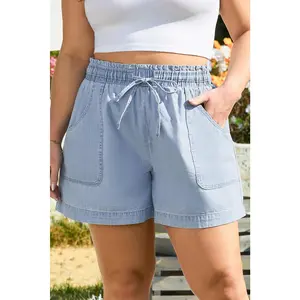 Beau Blue Pocketed Drawstring High Waist Plus Size Denim Shorts