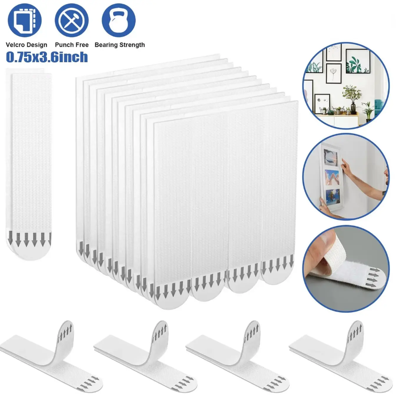 Velcro Design Large Picture Hanging Strips Heavy Duty Sticky Picture Hangers for Walls 0.75x3.6inch Punch Free Damage Free No Nails Refill Adhesive Poster Frame Mounting