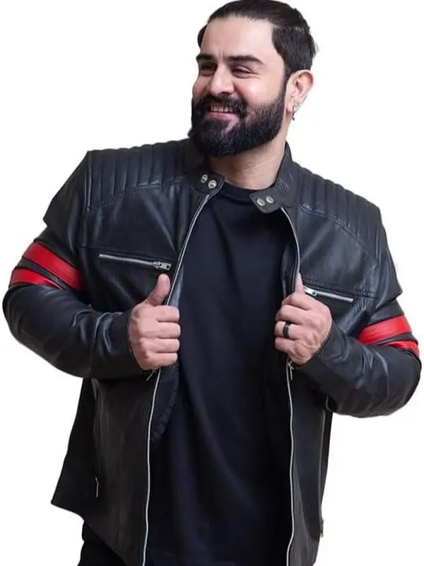 Zulin Men's Black Cafe Racer Hunter Red Stripe Leather Jacket |biker motorcycle real black leather jacket Black