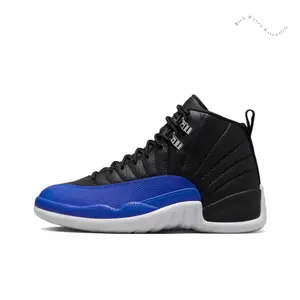 Black and Hyper Royal Blue High-Top Retro Basketball Shoes with Black Leather and Blue Textured Upper, White Midsole and Metallic Lace Locks