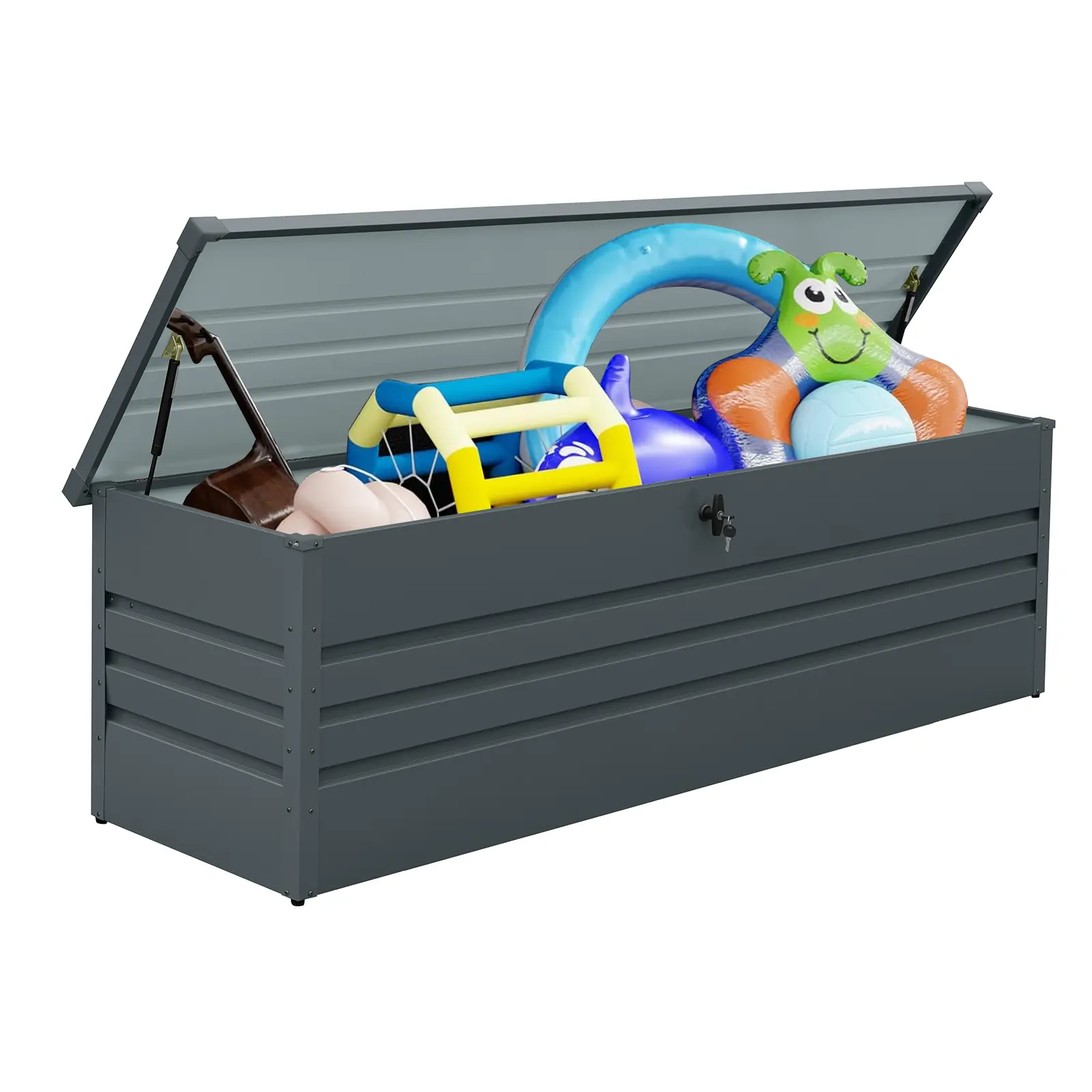 Extra Large 260-Gallon Metal Outdoor Storage Bench with Lockable Lid, Waterproof Deck Box for Patio Cushions, Pool Gear, Garden Tools, Dark Gray, Heavy-Duty Steel, All-Weather Resistant