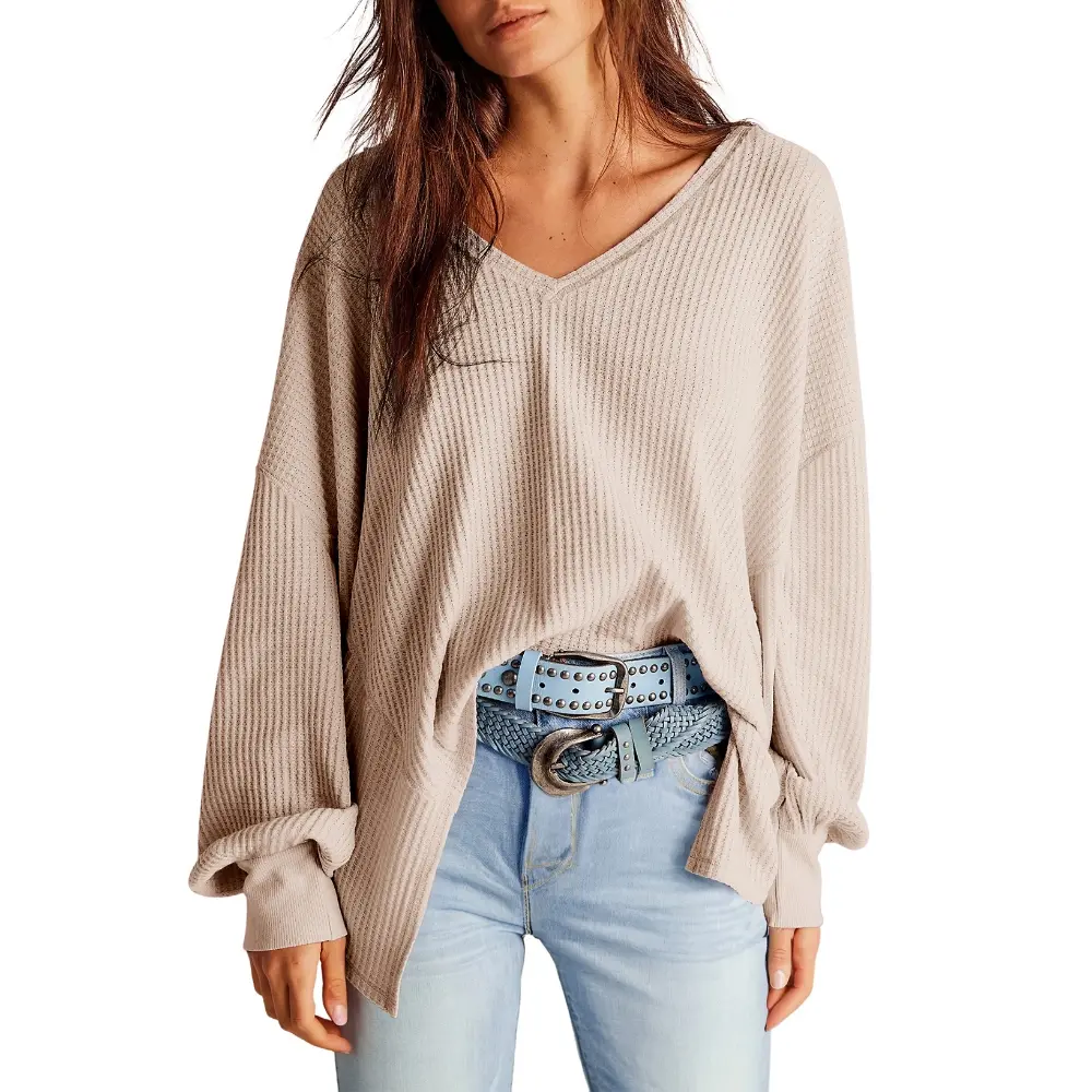 Dokotoo Womens Waffle Knit Tops Trendy Fashion 2026 Oversized T Shirts Lightweight V Neck Casual  Batwing Sleeve Loose Fit Irregular Hem Boyfriend Style Oversized Fall Outfits Basic Womenswear