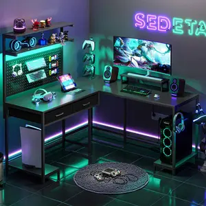 SEDETA L-Shape Gaming Desk Computer Desk with LED Lights Hanging Panel and Drawer with Brackets and Storage Shelves Home Office Corner Desk Modern
