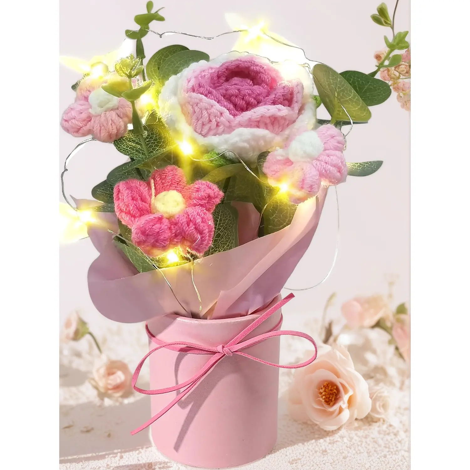 Pink Crochet Daisy Bouquet, Handmade Artificial Flowers with Card for Valentine’s Day Mother’s Day Birthday Wedding Home Decor Teacher’s Day Grandma Gift