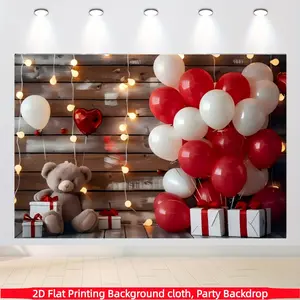 1pc romantic background fabric banner, polyester material, with red and white balloons, string lights, teddy bear design, suitable for holiday decoration - Valentine's Day decoration, patio, garden decoration