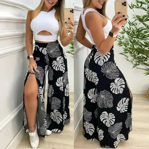 Women's 2-Piece Cotton Elastic Fit Set - Trendy Hollow Short White Crop Top, Black/White Floral Split Pants