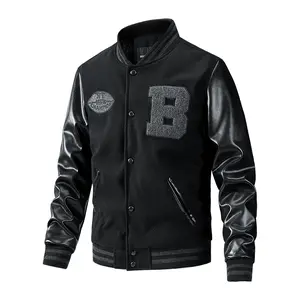 Men's baseball collar sports jacket with letter embroidery, PU patchwork, ribbed hem, warm and windproof men's jacket