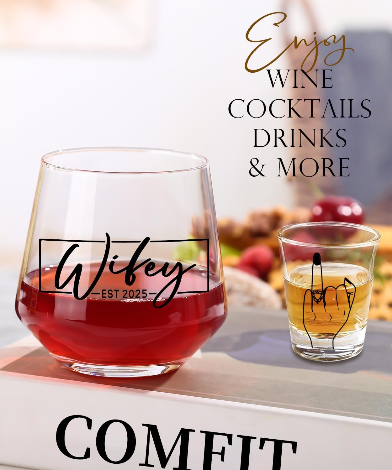 Hubby & Wifey Wine & Whiskey Glass Set for Mr & Mrs Gifts - Anniversary Wedding Gift, Unique Bridal Shower Gift, Drinkware
