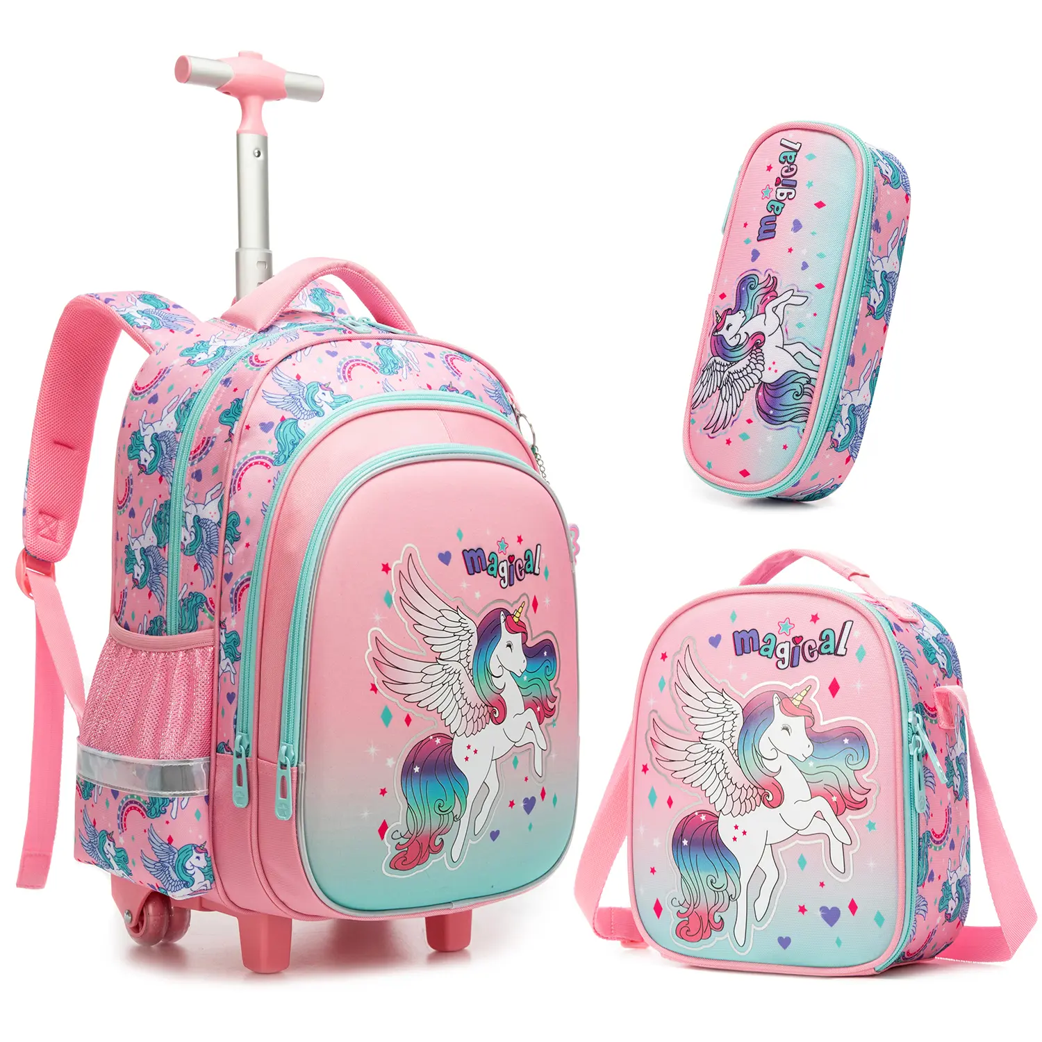 Girls' Magical Winged Unicorn 2-in-1 Rolling Backpack Set - Luggage with Matching Insulated Lunch Bag, Pencil Case, Adjustable Telescopic Handle for Elementary School Use cute three-piece