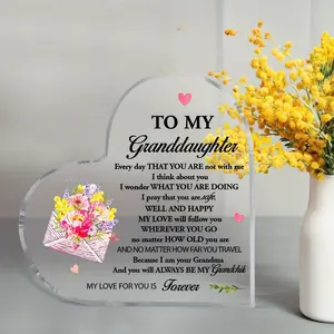 Acrylic Heart Plaque Gift for Granddaughter, Vintage Floral Design Decorative, Perfect Birthday Christmas Decor, Desktop Wall Art Decoration