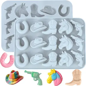 Cowboy Chocolate Molds, 2 Pcs Silicone Candy Molds, Cowboy Hat Boot Horse Saddle Shaped Fondant Mold, Silicone Molds for Chocolate Cake Desserts Decorations, DIY Western Themed Party Baking (Blue)